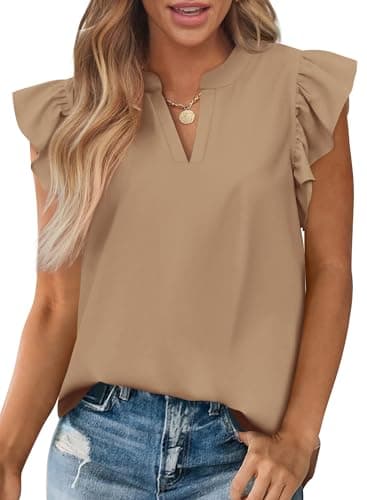 Zenlonr Womens Summer Tops 2026 Casual V Neck Ruffle Cap Sleeve Blouse Shirts Solid Color Tunic Tops(Khaki,X-Large) - Image 1