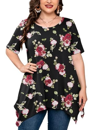 AusLook Plus Size Tops for Women Tunic Clothes Short Sleeve Midnight Red Rose Summer 2X Blouse Swing Tee Crewneck Clothing Flowy Shirts for Leggings - Image 1
