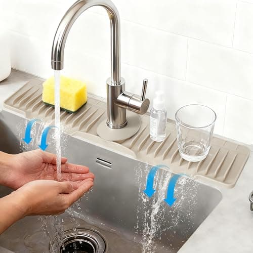 24" Silicone Faucet Mat for Kitchen Sink Released in 2025/12TH,8° Slope Fast Self-draining-Kitchen Sink Splash Guard,Bathroom Kitchen Sink Area Water Splash Guard Behind Faucet Draining Mat Beige - Image 1