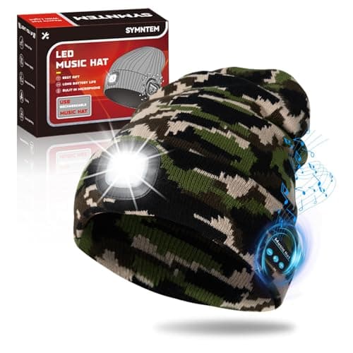 SYMNTEM Rechargeable Bluetooth Music Unisex Beanie Hat with Light for Hiking, Camping, Running, Beanie Headlamp, Gifts for Men, Women, Dad, Him, Her, Husband, Birthday Gifts for Men, Camouflage - Image 1