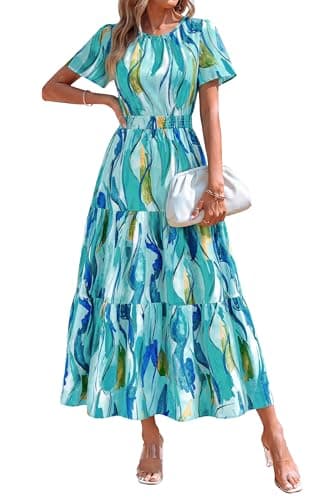 PRETTYGARDEN Women's Summer Casual Short Flutter Sleeve Round Neck Smocked Waist Tiered Boho Floral Flowy Maxi Dress(Blue,Small) - Image 1