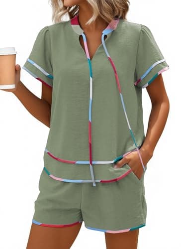 ECOWISH Womens Summer 2 Piece Outfits Babydoll Tops Shorts Sets Cute Loose Fit V Neck Shirts Tracksuits For Beach Vacation Holiday Army Green S - Image 1