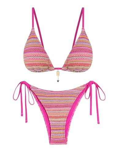 ZAFUL Blue and White Striped Crochet Tie Bikini Sets for Women Cheeky Two Piece Bathing Suits Brazilian High Cut Knit Swimsuit for Vacation Resort Wear XL - Image 1