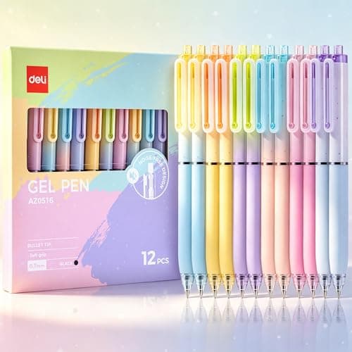 deli Gel Pens, 12 Pcs Retractable Pens Black Ink, 0.7mm Medium Point Pen,Silent Click, Smooth Writing with Aesthetic Gradient Color for Journaling Note Taking
