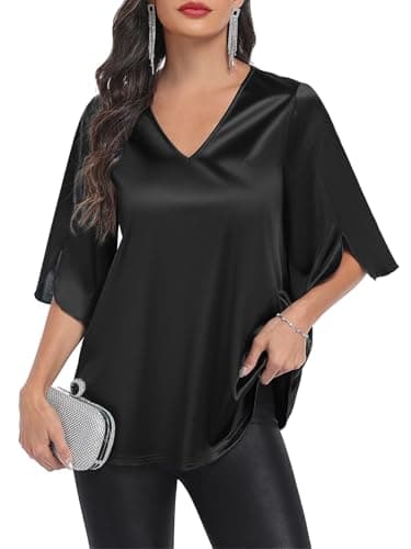 Qnursma Women’s Stretch Satin Blouses for Women Dressy Casual Elegant V Neck Tops for Women 3/4 Sleeve Flowy A-Line Silky Shirt for Wedding Guest Evening Party Outfits Church Work Clothes Black - Image 1