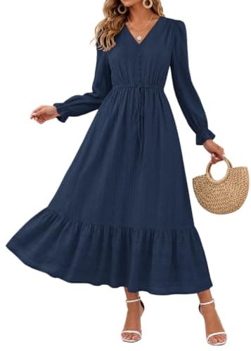 Lazysmile Women's Long Sleeve Maxi Dresses 2026 Fall V Neck Button Down Tie Waist Swing Casual Boho Dress with Pockets Navy - Image 1