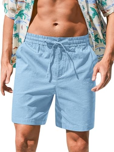 RQP Mens Linen Shorts Casual Drawstring 7inch Inseam Flat Front Shorts Stretch Shorts,Light Blue - Image 1