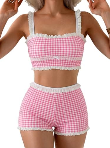 ZAFUL Womens High Waisted Bikini Sets 2 Piece Plaid Ruffle Swimsuits Back Strap Top with High Waisted Shorts Bathing Suit Hot Pink XL - Image 1