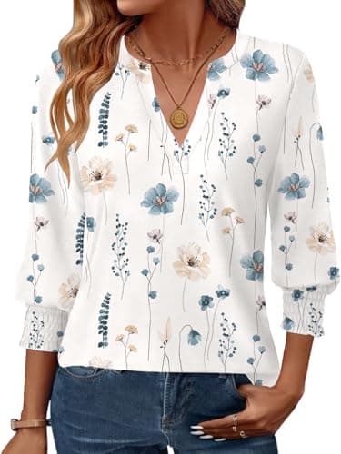 GKBK Womens 3/4 Sleeve Shirts V Neck Dressy Casual Spring Summer Blouses with Smocked Cuffs White Floral - Image 1