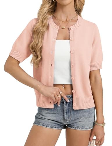 GRACE KARIN Short Sleeve Cardigans for Women, Pink Lightweight Summer Cardigan, Casual Crew Neck Button Down Sweater Top - Image 1
