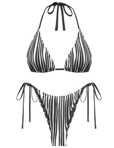 seamoly String Bikini High Cut Bikini Sets for Women Ribbed Textured Color Block Halter Striped Tie Side 2 piece Swimsuit Black XS - Image 1