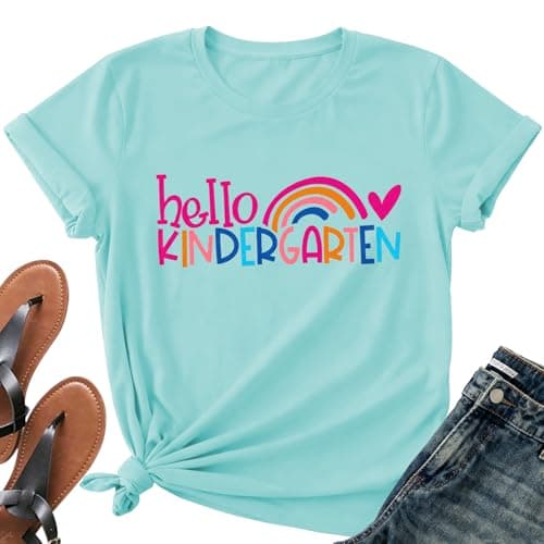 Teacher Shirts for Women-Hello Kindergarten Teacher Short Sleeves Teaching Life Shirt Rainbow Heart Tee Tops - Image 1