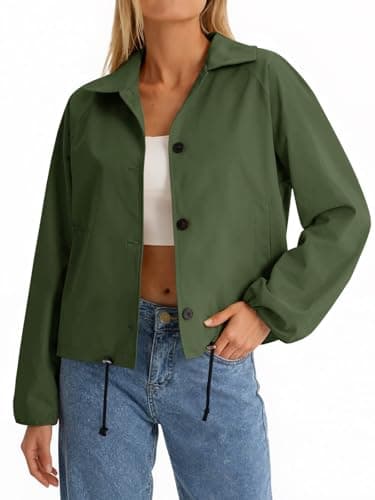 Yousify Womens Cropped Bomber Jackets Button Down Lapel Collar Coats Adjustable Waist Trench Coat Outerwear with Pockets - Image 1