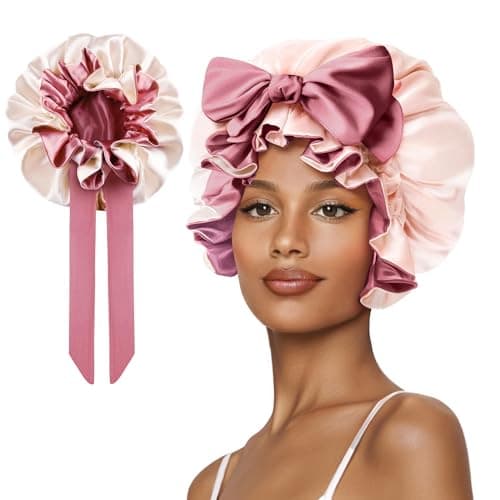 Vettres Bonnet for Sleeping, Satin Silk Hair Shower Cap Women 2026 Tie Band Adjustable Straps Head Wrap for Curly Hair Pink F - Image 1