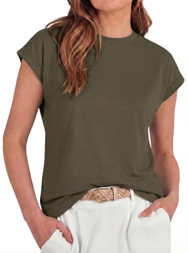 GRECERELLE Womens Summer Tops Cap Sleeve Casual Basic Tee Shirts Loose Crew Neck Tank Top Trendy Clothes, Army Green, L - Image 1