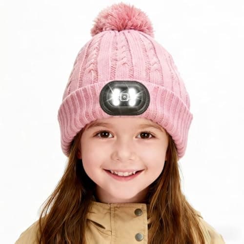 IVYWNT LED Beanie for Kids (5-12 Years), Winter Warm Sherpa Lining Hat with Light, USB Rechargeable Pompom Cap for Boys and Girls, Pink - Image 1