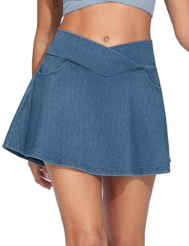 THE GYM PEOPLE Women's Cross Waist Jean Skorts Stretchy Ruffle Denim Skirts with 2 in 1 Shorts Pockets - Image 1