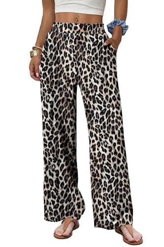 Sampeel Leopard Pants Women Trendy Casual Petite Palazzo Pants for Women 2026 Flowy Chic Summer Fashion Travel Western Outfit Linen Clothing Cheetah Print Trousers L - Image 1