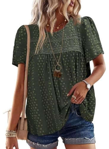 Falechay Boho Tops for Women Round Neck Tunic Tops for Women Loose Fit Green Shirts Pom Pom Swiss Dot Short Sleeve Summer Blouses Clothes L - Image 1