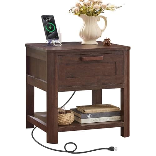 Joaxswe Farmhouse Side Tables Living Room, Small Nightstand with 1 Drawers & Open Shelving & 4 Thickened Table Legs, Walnut - Image 1
