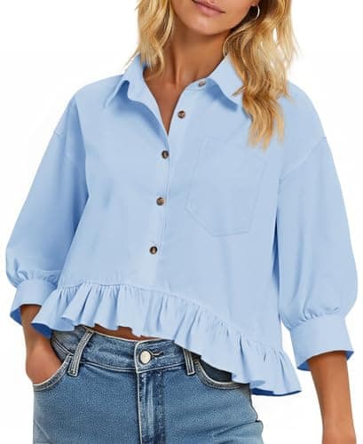 Cicy Bell Womens Cropped Button Down Shirts 3/4 Length Sleeve Casual Cotton Blouses Loose Fit Ruffle Hem Tops Sky Blue - Image 1