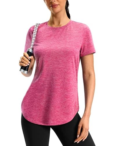 Workout Shirts for Women Dry Fit Cooling Short Sleeve Tops Lightweight Sun Protection Gym Active Hiking Running Hip-Length Coverage (Hot Pink,Small) - Image 1