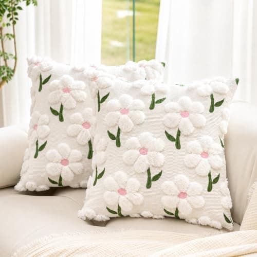 KIDHABE Spring Summer Pillow Covers 18x18 inch Set of 2, White Daisy Floral with Pink Stamen Pillow Cases, Soft Plush Faux Fur Jacquard Throw Pillows for Sofa Couch Holiday Spring Home Decor - Image 1