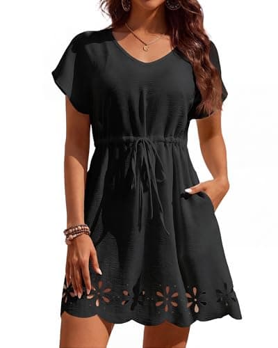 Bsubseach Swimsuit Coverup for Women V Neck Beach Cover Ups with Pockets Drawstring Swim Cover Up Dresses Black L - Image 1