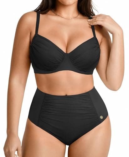 Popilush Tummy Control Shapewear Swimsuits for Women High Waisted Bikini Sets Ruched Push Up Two Piece Bathing Suit Black - Image 1
