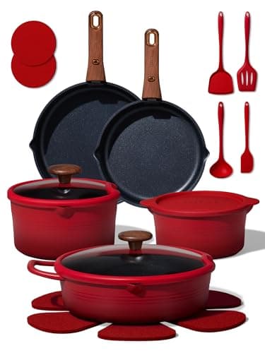 CAROTE 20Pcs Titanium Cookware Set, Pots and Pans Set Non Stick, Kitchen Cooking Set with Detachable Handle, Non Toxic Induction Cookware - Camping Cookware, Dishwasher/Oven Safe, Red - Image 1
