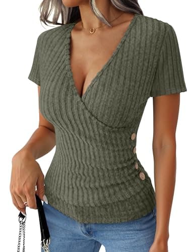 ANRABESS Women Long Sleeve V Neck Shirts,Deep Green,S