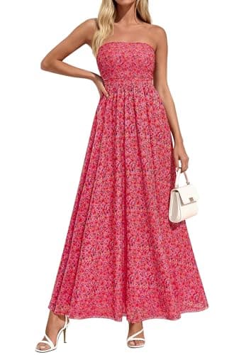 PRETTYGARDEN Women Strapless Maxi Dress 2026 Summer Floral Tube Top Ruched Beach Spring Wedding Guest Long Dresses (Floral Red,Large) - Image 1