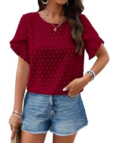 PRETTYGARDEN Women's Tops 2026 Summer Ruffle Short Sleeve Crewneck Blouses Swiss Dots Solid Loose Tunics Work Shirts(Wine Red,X-Large) - Image 1