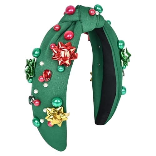 Krfapt Jeweled Plaid Headband with Embellished Crystals and Pearls - Knotted Wide Top Knot Hair Accessory for Women, Holiday Outfits & Gifts (Green) - Image 1