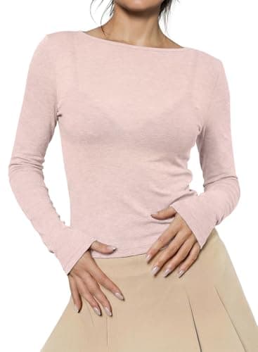 EVALESS Womens Long Sleeve Sheer Tops Wool Blend Shirts 2026 Casual Fitted Basic Tees Boat Neck See Through Tops Lightweight T Shirts Light Pink X-Large - Image 1