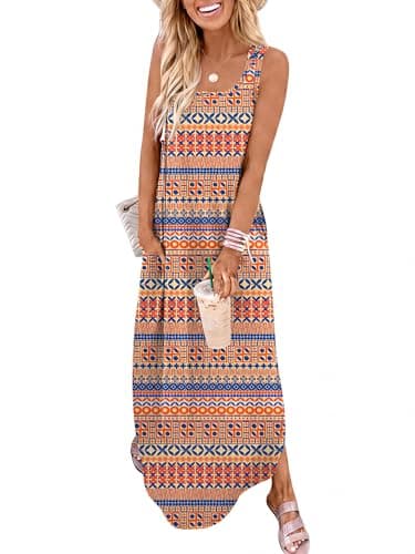 ANRABESS Summer Dresses for Women 2026 Sleeveless Square Neck Maxi Beach Sundress Loose Fit Casual Vacation Tank Dress Blue Orange Floral X-Large - Image 1