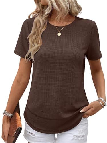 ANRABESS Womens Waffle Knit Tops Short Sleeve Crewneck Shirts Curved Hem Summer Dressy Casual Blouses Spring Fashion Clothing Red Brown Small - Image 1
