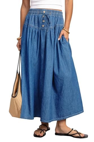 Flowyair Women Denim Midi Skirts Drawstring High Waisted A-Line Jean Skirts - Image 1