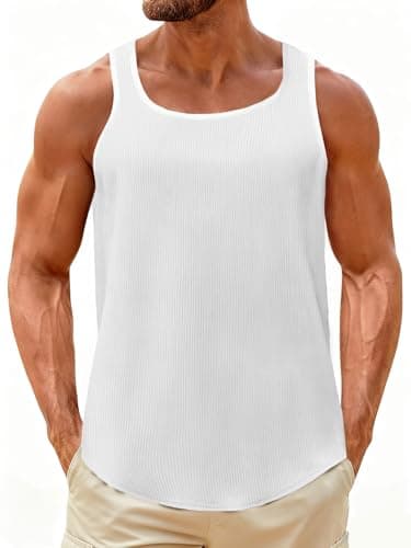 UNCLECAT Mens Sleeveless Tank Tops Workout Muscle Gym Knitted Shirt Athletic Bodybuilding Slim Fit Ribbed T Shirts White - Image 1