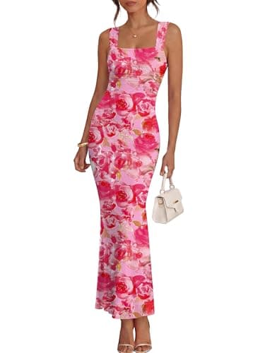 Caracilia Dresses for Women Summer 2026 Sleeveless Mesh Bodycon Floral Maxi Formal Wedding Guest Dress Party Spring Print Pink Small - Image 1