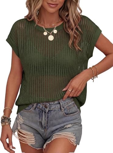 KIRUNDO Crochet Tops for Women 2026 Summer Beach Vacation Clothes Cover Up Mesh Top Lightweight Sweater Cruise Resort Wear(Army Green, Medium) - Image 1