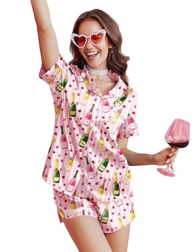 Ekouaer Silk Satin Pajama Set for Women Funny Graphic Sleepwear Button Down Short Sleeve Top and Shorts Pjs Sets Pink Stripe Champagne Print XX-Large - Image 1