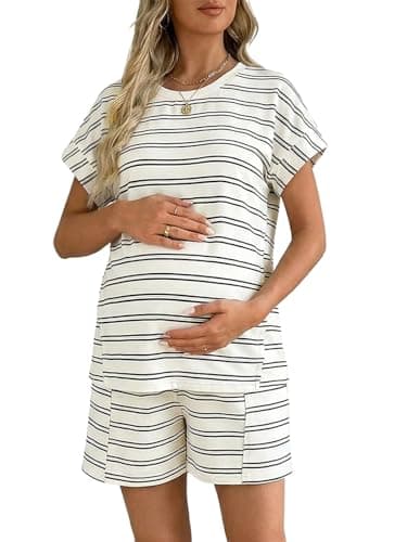 BLENCOT Women's Maternity Two Piece Lounge Set Textured Striped Tee Top and Shorts Pregnancy Summer Outfits White M - Image 1