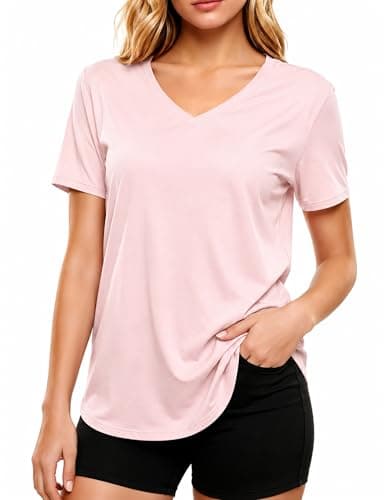 LETSEE Short Sleeve V-Neck Top Women’s Workout Shirt Loose Fit Stretch T-Shirt Casual Tee for Daily Wear and Travel Light Pink - Image 1