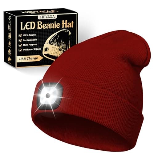 HEYAXA Unisex LED Beanie with Light, Rechargeable Headlamp Hat, Warm Knitted Cap, Fathers Day Dad Gifts for Husband, Dad, Birthday Gifts for Men, Dad, Father, Women, Him, Her, Red - Image 1