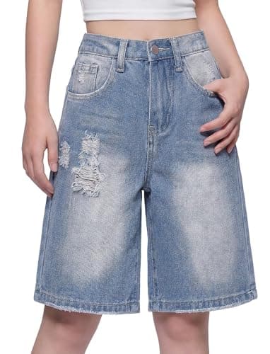 PATPAT Girls Jean Shorts 5-14Y Ripped Bermuda Jorts Y2K Baggy Straight Leg Denim Shorts with Elastic Waistband Light Blue Size 7-8Y - Image 1