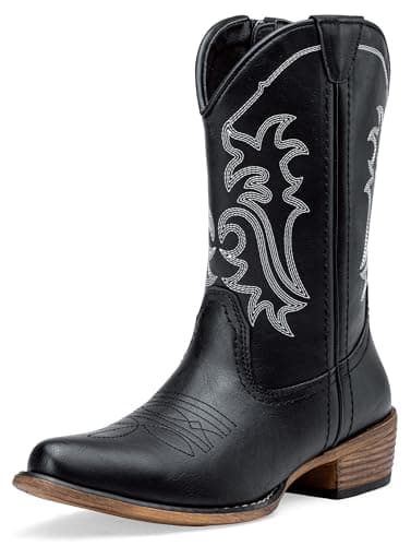 Jeossy Women's Black Cowboy Boots, Western Cowgirl Mid-Calf Pull on Round Toe Embroidered Country 9806 Boots with Zipper Size 8.5 (DJY9806 black 08.5) - Image 1