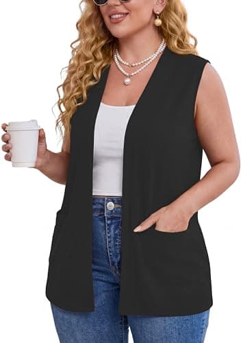 TIANZHU Plus Size Sweater Vest for Women Fashion Casual Soft Knit Office Vests with Pockets, Black, 4XL - Image 1
