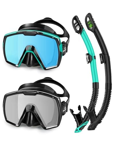 Freela Adult Dry Snorkel Set, Snorkel Mask with Nose Cover Mirrored Blue Lens and Gray Filter Lens for Swimming Diving, Tempered Glass 180° View, Anti-Fog LeakProof Snorkeling Gear for Men Women Youth