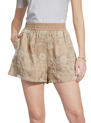 Women's 2026 Trendy Casual Khaki Warm Beige Elastic Mid Waist Summer Boho Short Floral Embroidered Sequin Sparkle Glitter Party Vocation Work Office Nightwear Dating Wide Leg Shorts with Pockets XL - Image 1